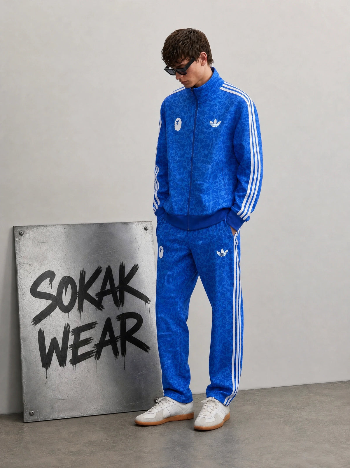 Adidas Kamuflaj Desenli Fermuarlı Eşofman Takımı Beyaz Mavi